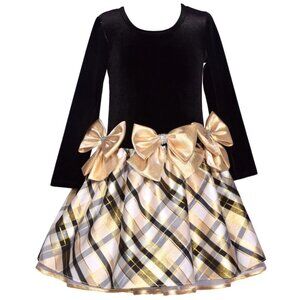 NEW Bonnie Jean Girls 7-16 Black Velvet Gold Taffeta Bows Dress